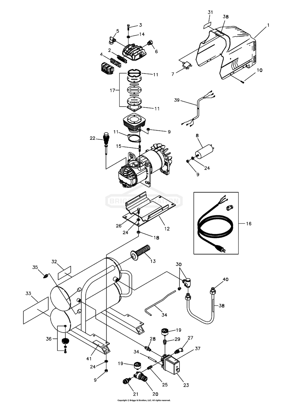 Main Unit Diagram and Parts List for 074007-0  Briggs and Stratton Compressor